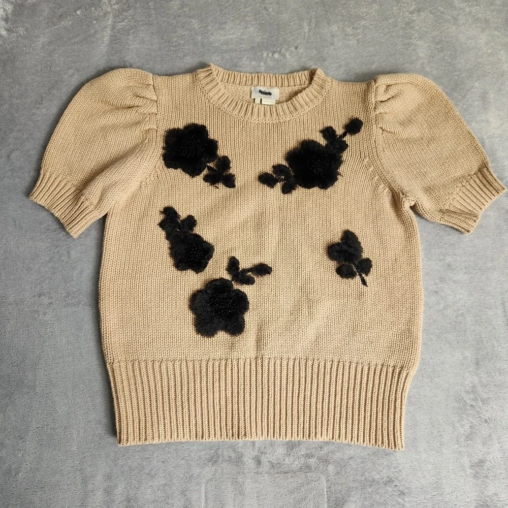 Kate Spade New York Wool Cashmere Blend Beaded Floral Puff Sleeve Sweater Small